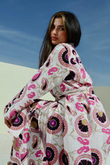 Black and Fuchsia Flower Kaftan With Elephants