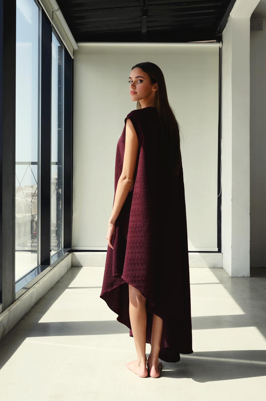 Maroon Jacquard Crepe Dress