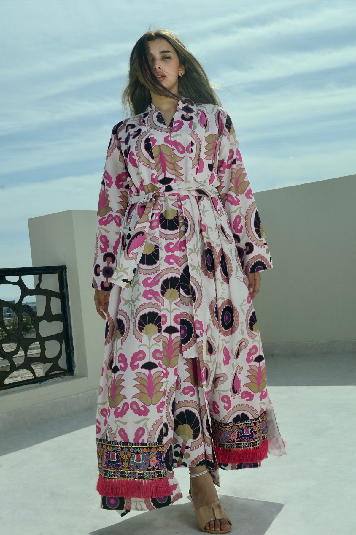 Black and Fuchsia Flower Kaftan With Elephants