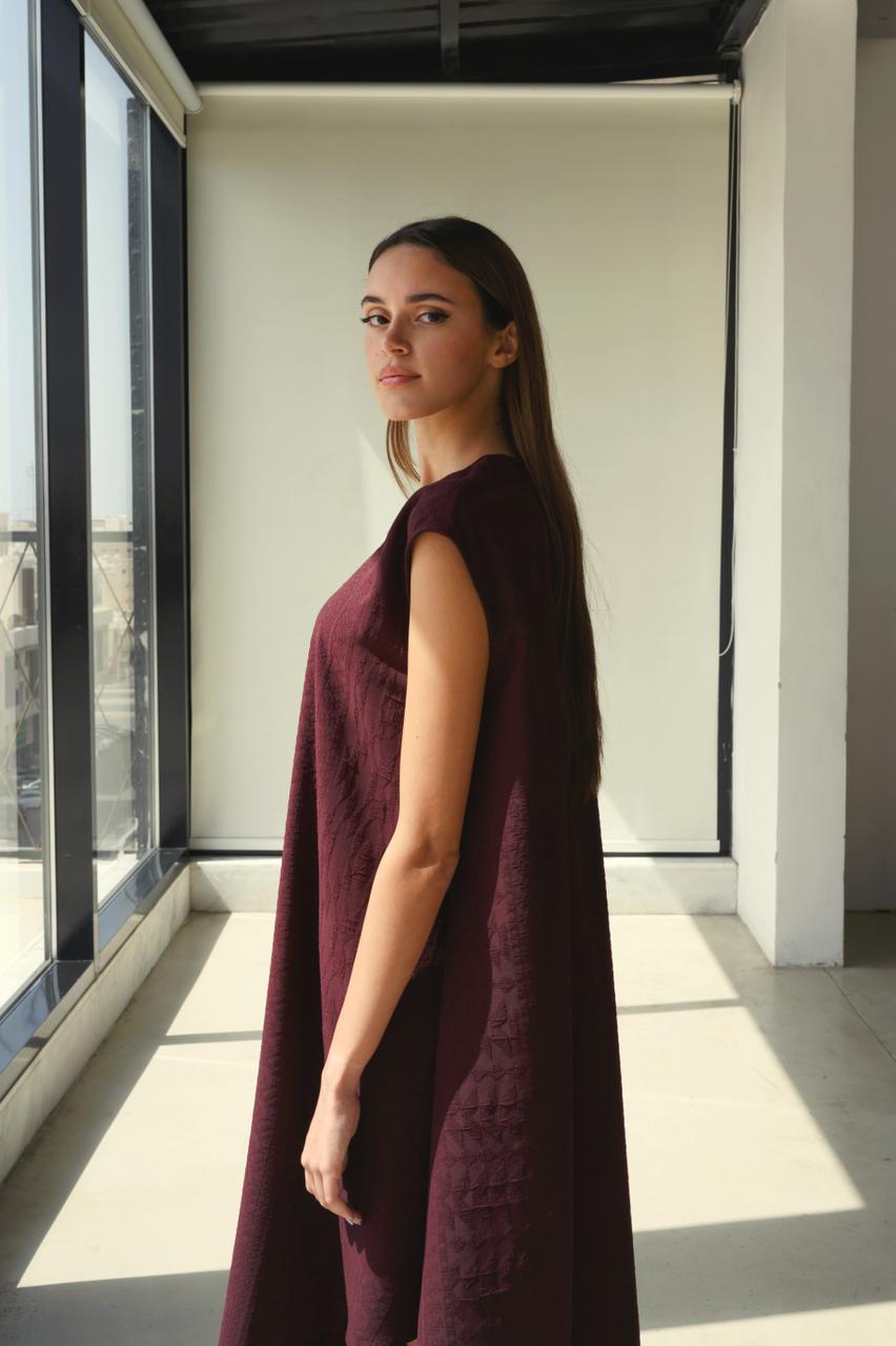 Maroon Jacquard Crepe Dress