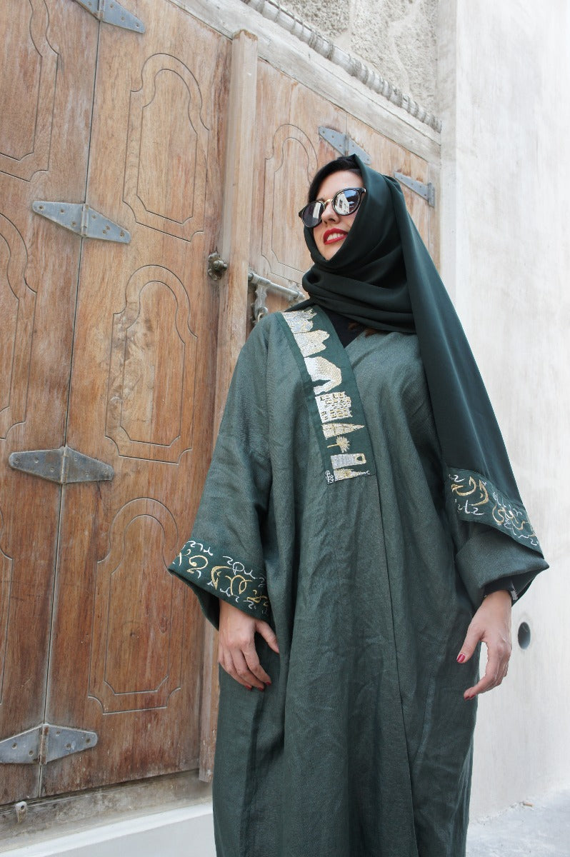 Saudi landmark linen abaya - Green