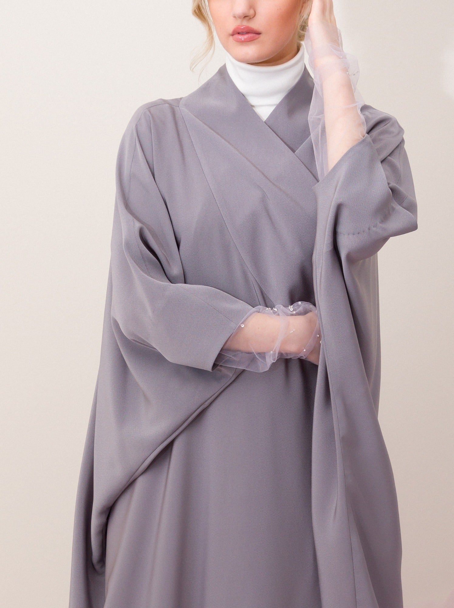 Crepe And Tulle Abaya - Gray