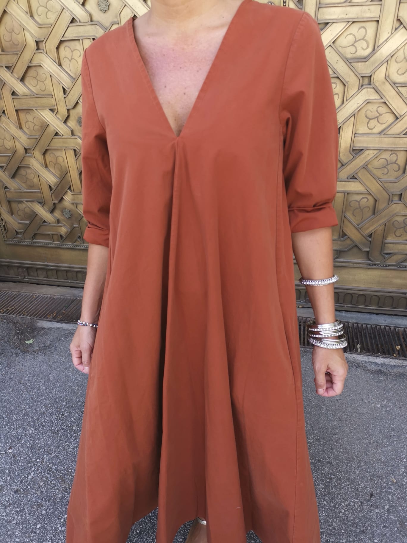 V NECK DRESS-BURNT ORANGE